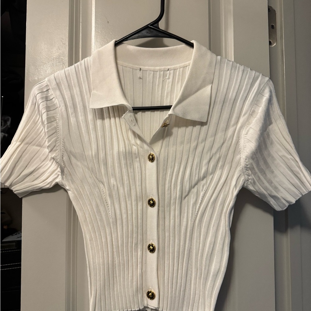 White Ribbed Button-Up Women's Top